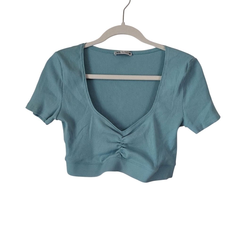 Zara Light Blue Ribbed V-Neck Blouse